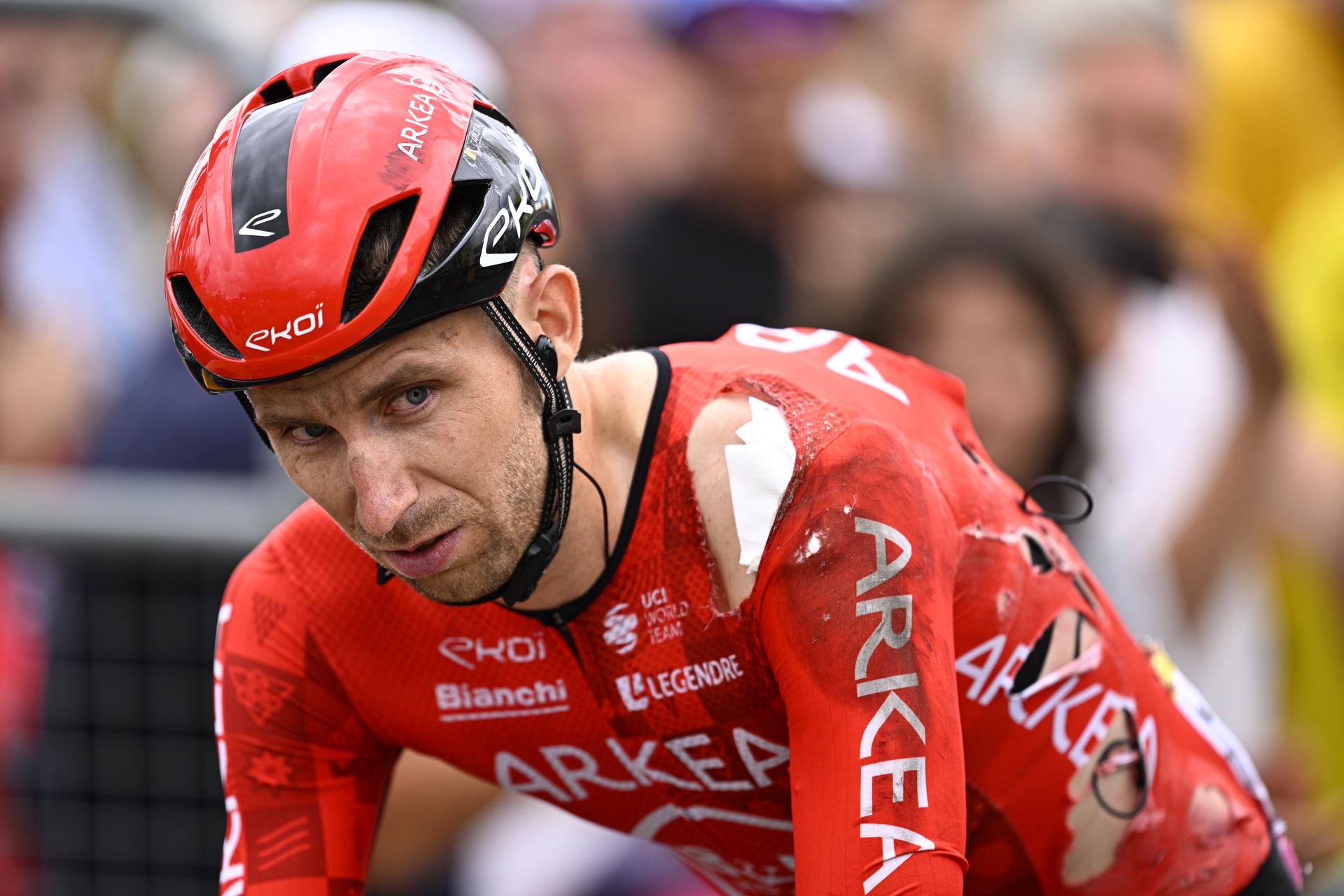 Belgian Amaury Capiot of Arkea-BB Hotels looks injured after a fall, as he crosses the finish line of stage 13 of the 2024 Tour de France cycling race, from Agen to Pau, France (165,3 km) on Friday 12 July 2024. The 111th edition of the Tour de France starts on Saturday 29 June and will finish in Nice, France on 21 July.  BELGA PHOTO JASPER JACOBS