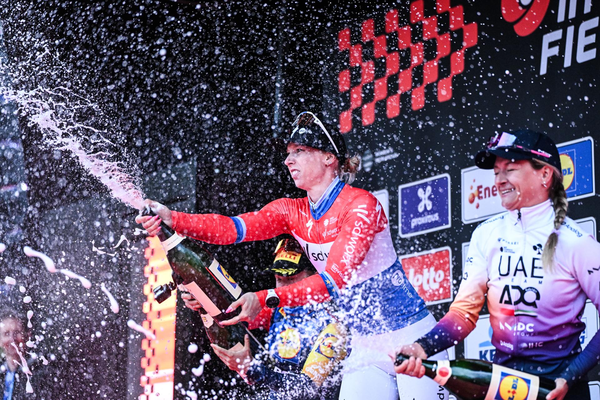 Dutch Lorena Wiebes of SD Worx-Protime celebrates on the podium after winning the women elite 'Wevelgem to Wevelgem - In Flanders Fields' one day cycling race, 134.9 km from and to Wevelgem, on Sunday 29 March 2026. BELGA PHOTO ELIAS ROM