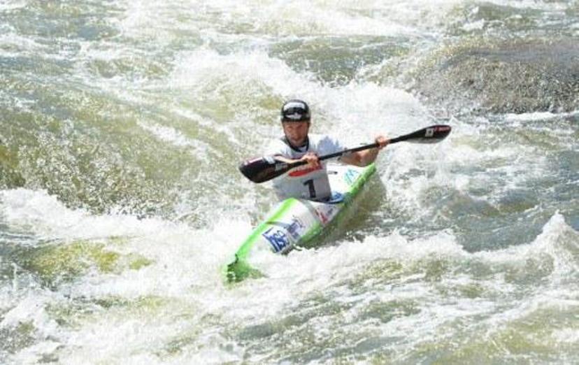 Slovenian Nejc Znidarcic competes in the Kayak K1 men race at the ICF Wildwater Canoeing Sprint World in the southern German city of  Augsburg, on June 12, 2011. AFP PHOTO/CHRISTOF STACHE