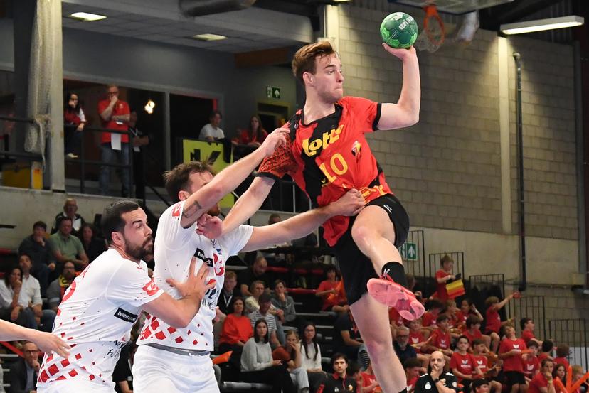 Belgium's Raphael Kotters pictured in action during a handball game between Belgian national team 'Red Wolves' and Croatia, Wednesday 07 May 2025 in Hasselt, game 5/6 in the qualifications for the men's EHF Euro 2026 European Championship. BELGA PHOTO JILL DELSAUX
