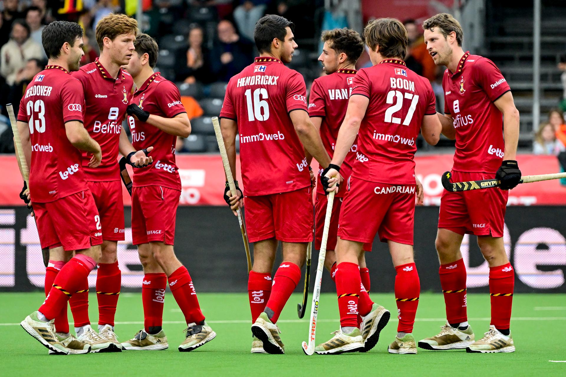 The Red Lions celebrate during a hockey game between Belgian national team Red Lions and Spain, match 11/16 in the group stage of the 2024 Men's FIH Pro League, Saturday 01 June 2024, in Antwerp. BELGA PHOTO DIRK WAEM