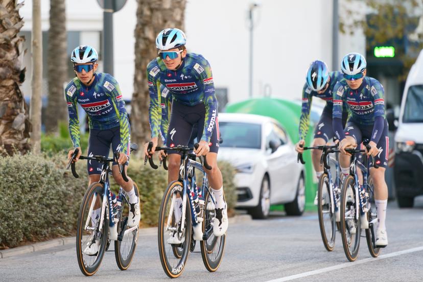 Belgian Jasper Schoofs of Soudal Quick-Step Devo Team (C) and Belgian Matijs Van Strijthem of Soudal Quick-Step Devo Team (R) pictured during a training ride of the Soudal Quick-Step cycling team in Calpe, Spain, Thursday 08 January 2026. BELGA PHOTO JOMA GARCIA