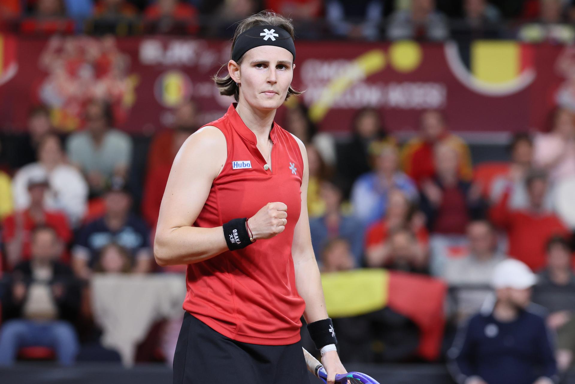 Belgian Greet Minnen pictured during the fourth game between Belgian Minnen and US' Jovic on the second day of the qualifiers of the Billie Jean King Cup tennis between Belgium and the USA, in Oostende, Belgium, on Saturday 11 April 2026. The meeting takes place on 10 and 11th April. PHOTO BENOIT DOPPAGNE