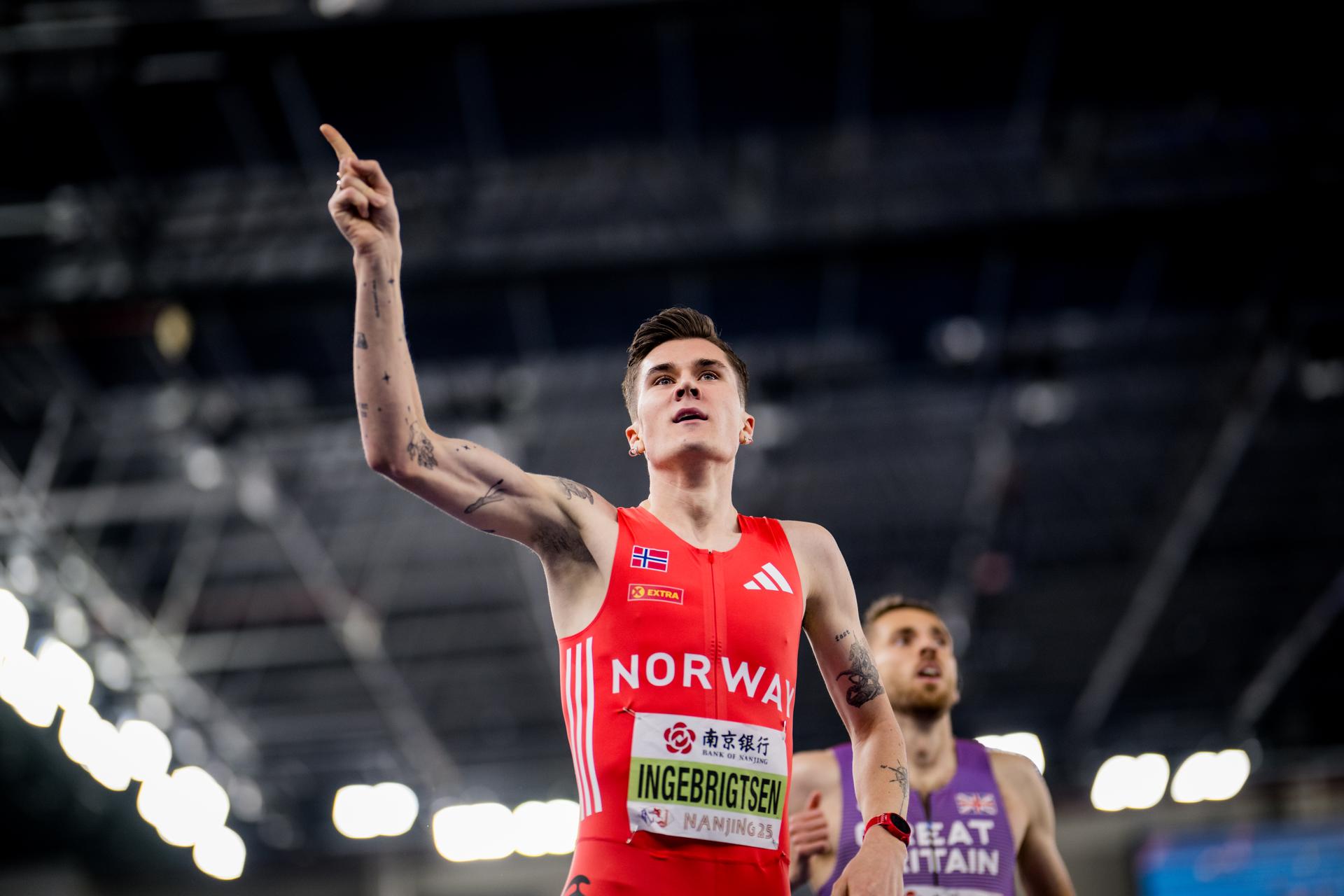 Norwegian Jakob Ingebrigtsen celebrates as he crosses the finish line to win the World Athletics Indoor Championships, in Nanjing, China, Sunday 23 March 2025. The championships take place from 21 to 23 March. BELGA PHOTO JASPER JACOBS