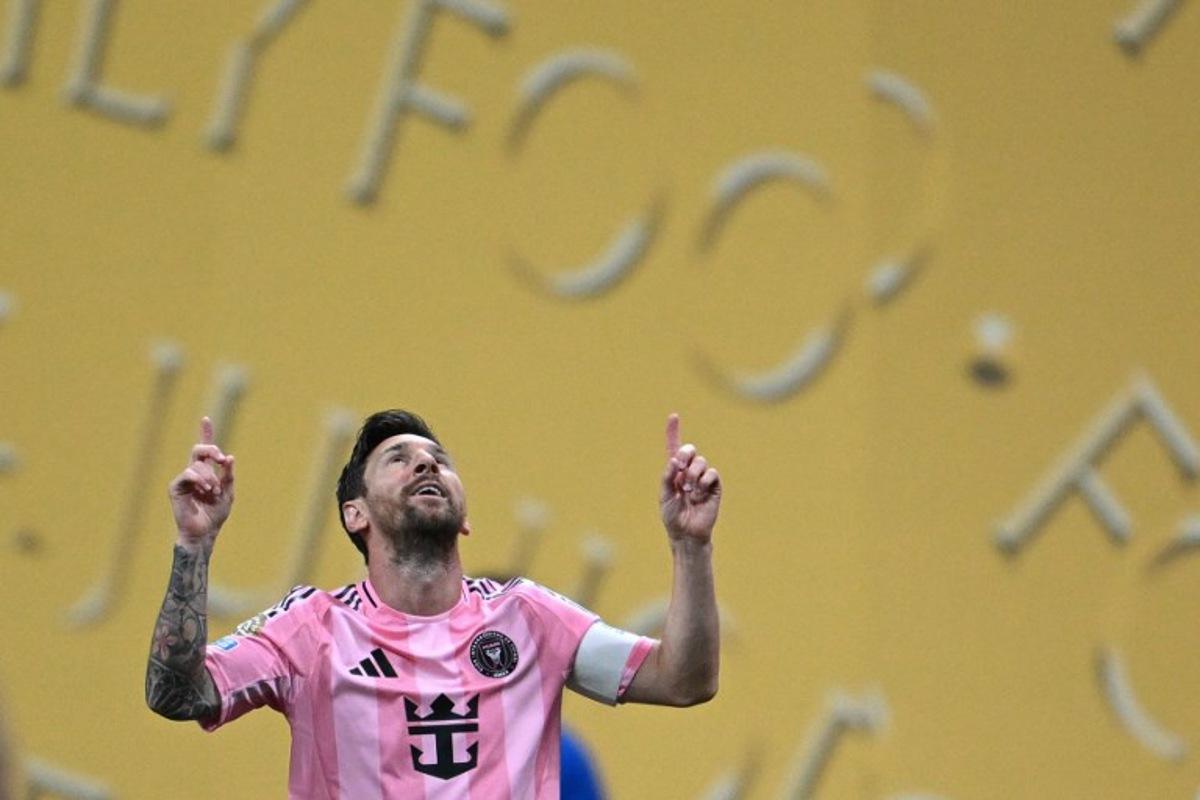 Inter Miami's Argentine forward #10 Lionel Messi celebrates after scoring a goal during the FIFA Club World Cup 2025 Group A football match between US Inter Miami and Portugal's FC Porto at the Mercedes-Benz stadium in Atlanta on June 19, 2025.  Federico PARRA / AFP