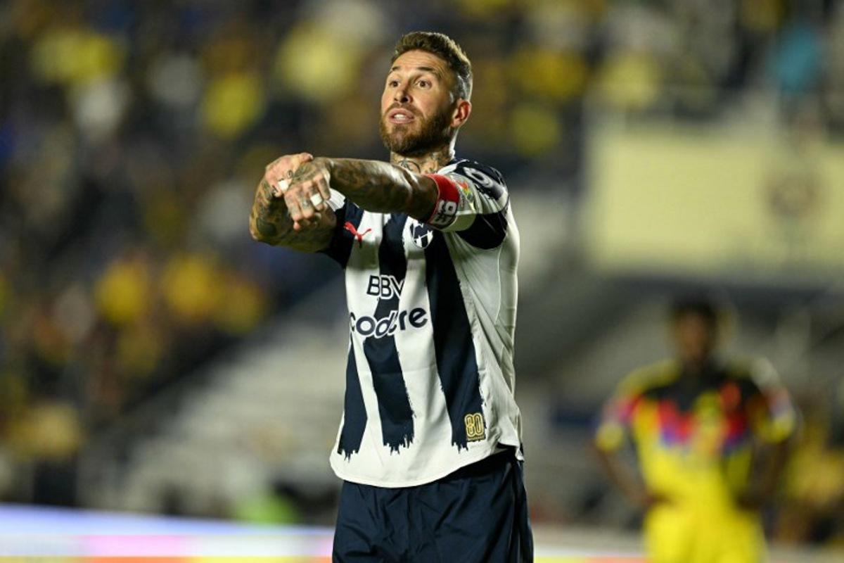 Monterrey's Spanish defender #93 Sergio Ramos gestures during the Liga MX Apertura quarter-final second leg football match between America and Monterrey at Ciudad de los Deportes Stadium in Mexico City on November 29, 2025.  YURI CORTEZ / AFP