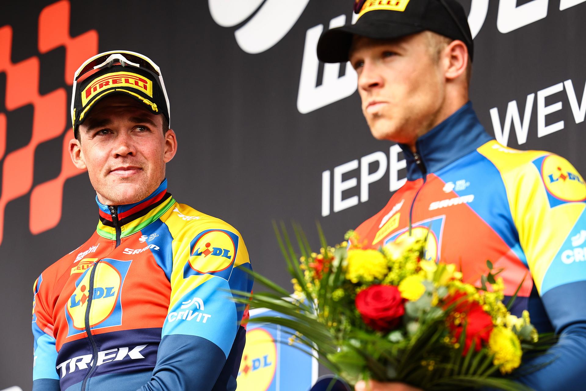 Danish Mads Pedersen of Lidl-Trek celebrates on the podium after winning the men elite 'Gent-Wevelgem - In Flanders Fields' one day cycling race, 250.3 km from Ieper to Wevelgem, Sunday 30 March 2025. BELGA PHOTO DAVID PINTENS