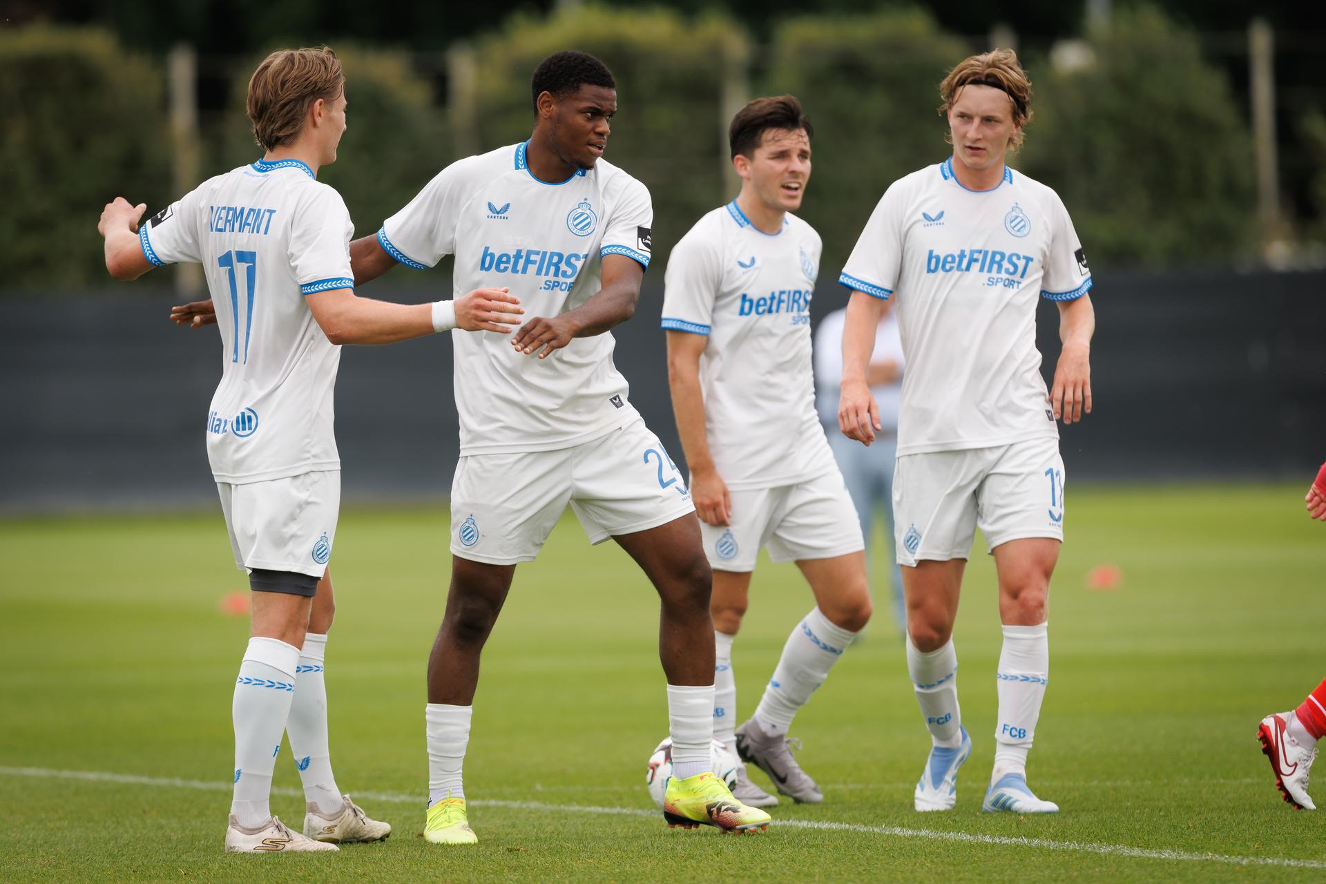 Club's Vince Osuji celebrates after scoring during a friendly game between Club Brugge and KV Kortrijk, Saturday 28 June 2025 in Knokke-Heist, in preparation of the upcoming 2025-2026 season. BELGA PHOTO KURT DESPLENTER