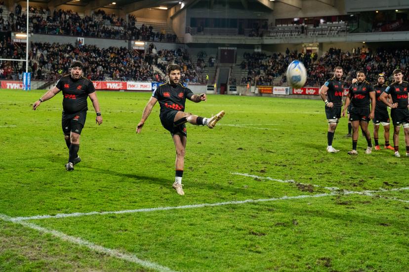 Players pictured in action during a rugby game between Belgium's Black Devils and Portugal, in the opening match of the European Rugby Champiosnhip, at Charles Tondreau Stadium in Mons, on Saturday 07 February 2026. BELGA PHOTO MARIUS BURGELMAN