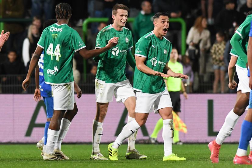 Lommel's Lucas Schoofs celebrates after scoring during a soccer match between Lommel SK and Jong Genk, Saturday 05 April 2025 in Lommel, on day 28 of the 2024-2025 'Challenger Pro League' 1B second division of the Belgian championship. BELGA PHOTO JILL DELSAUX