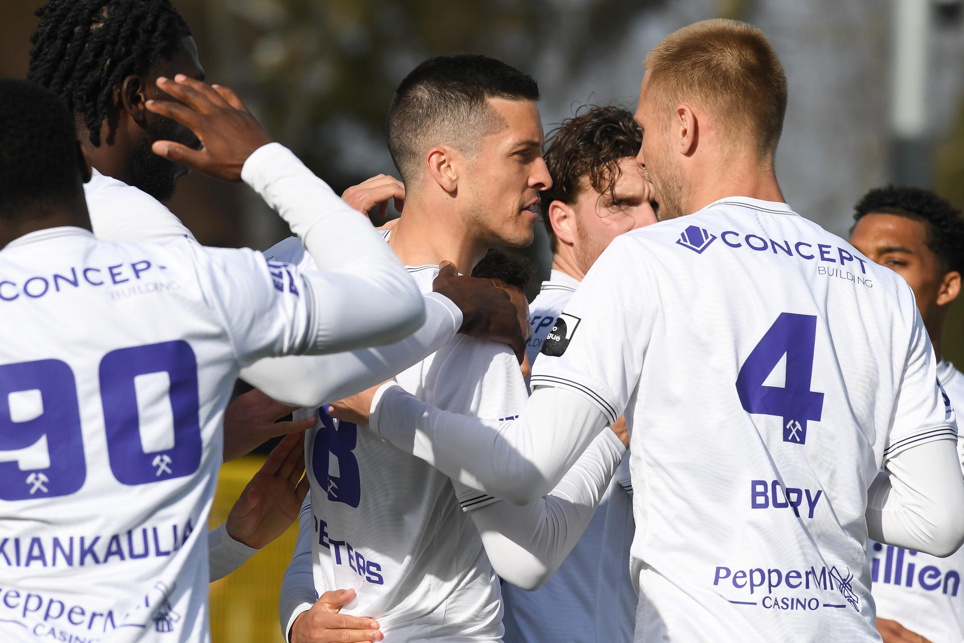 Patro Eisden's Stef Peeters celebrates after scoring during a soccer game between Patro Eisden Maasmechelen and RFC Liege, in Maasmechelen, on day 27 of the 2024-2025 'Challenger Pro League' 1B second division of the Belgian championship, Sunday 30 March 2025. BELGA PHOTO JILL DELSAUX
