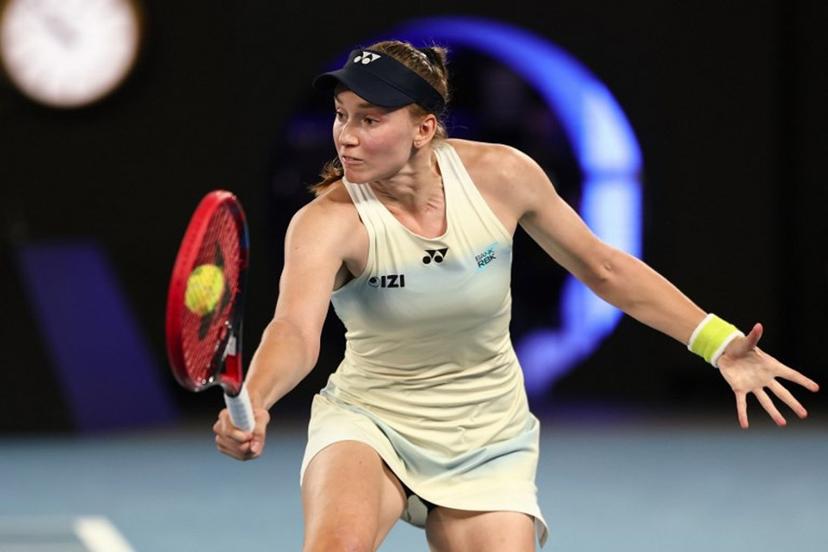 Kazakhstan's Elena Rybakina hits a return against USA's Jessica Pegula during their women's singles semi-final match on day twelve of the Australian Open tennis tournament in Melbourne on January 29, 2026.  IZHAR KHAN / AFP