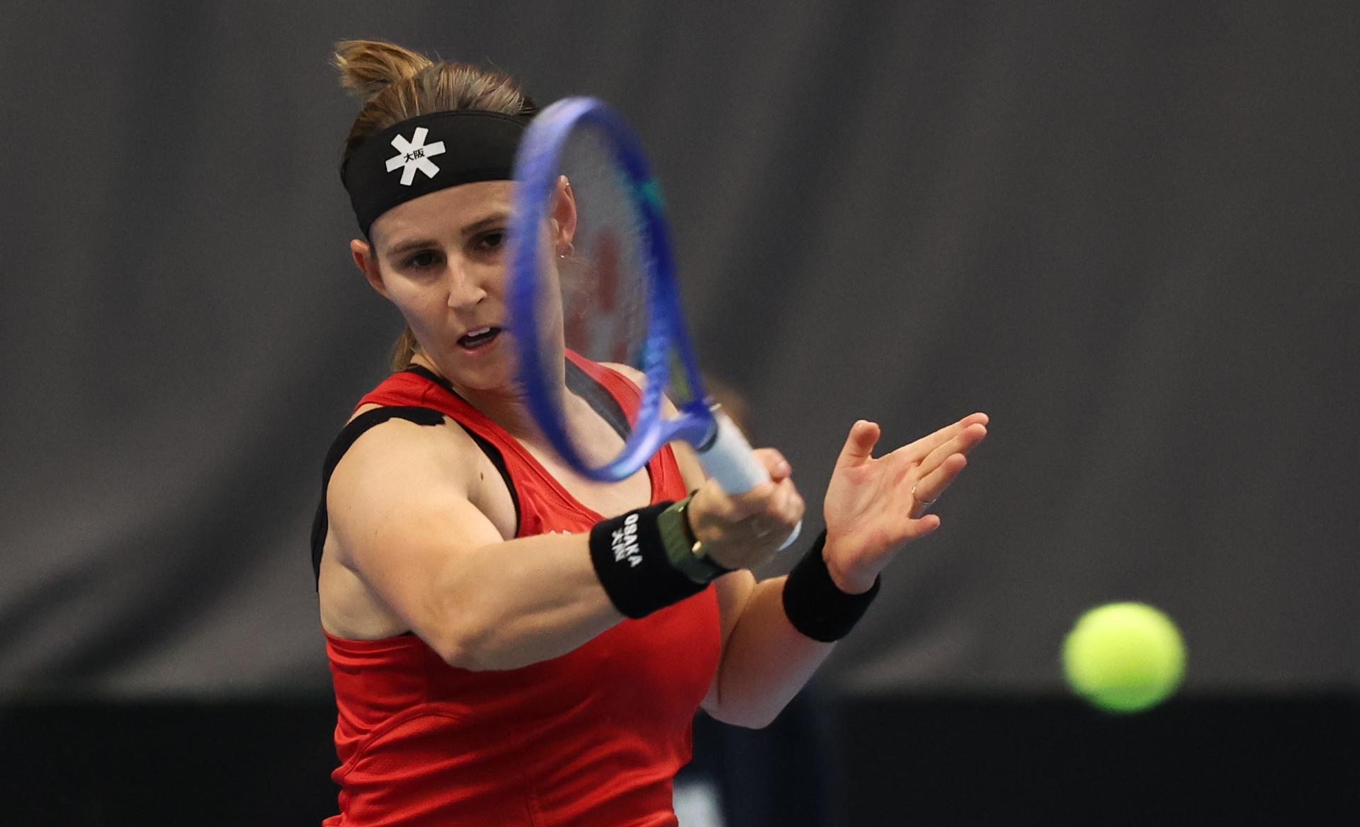 Belgian Greet Minnen pictured in action during a tennis match between Belgian Minnen and Greek Matoula, in the qualifiers of the Billie Jean King Cup tennis, in Vilnius, Lithuania on Tuesday 08 April 2025. PHOTO VIRGINIE LEFOUR