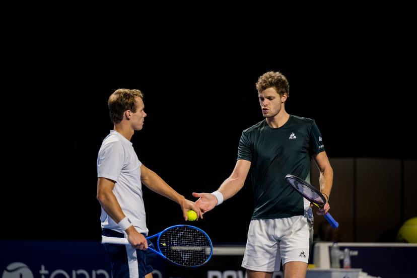 Belgian Michael Geerts and German Yannick Hanfmann pictured in action during a tennis match in the round of 16 of the doubles competition at the ATP European Open Tennis tournament in Antwerp, Tuesday 15 October 2024. BELGA PHOTO JASPER JACOBS