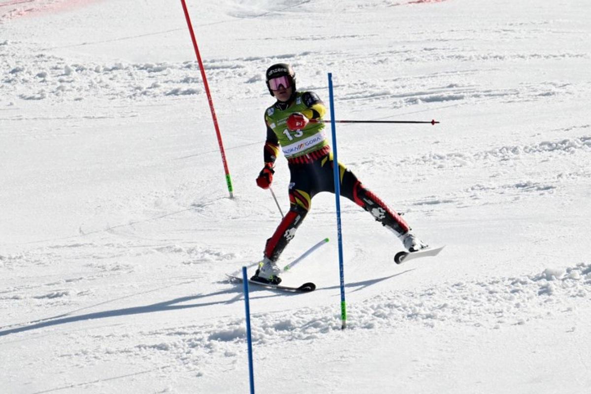 Belgium's Armand Marchant competes in the second run of the Men's Slalom event, part of FIS Alpine Ski World Cup 2025-2026 in Kranjska Gora, Slovenia on March 8, 2026.  JURE MAKOVEC / AFP