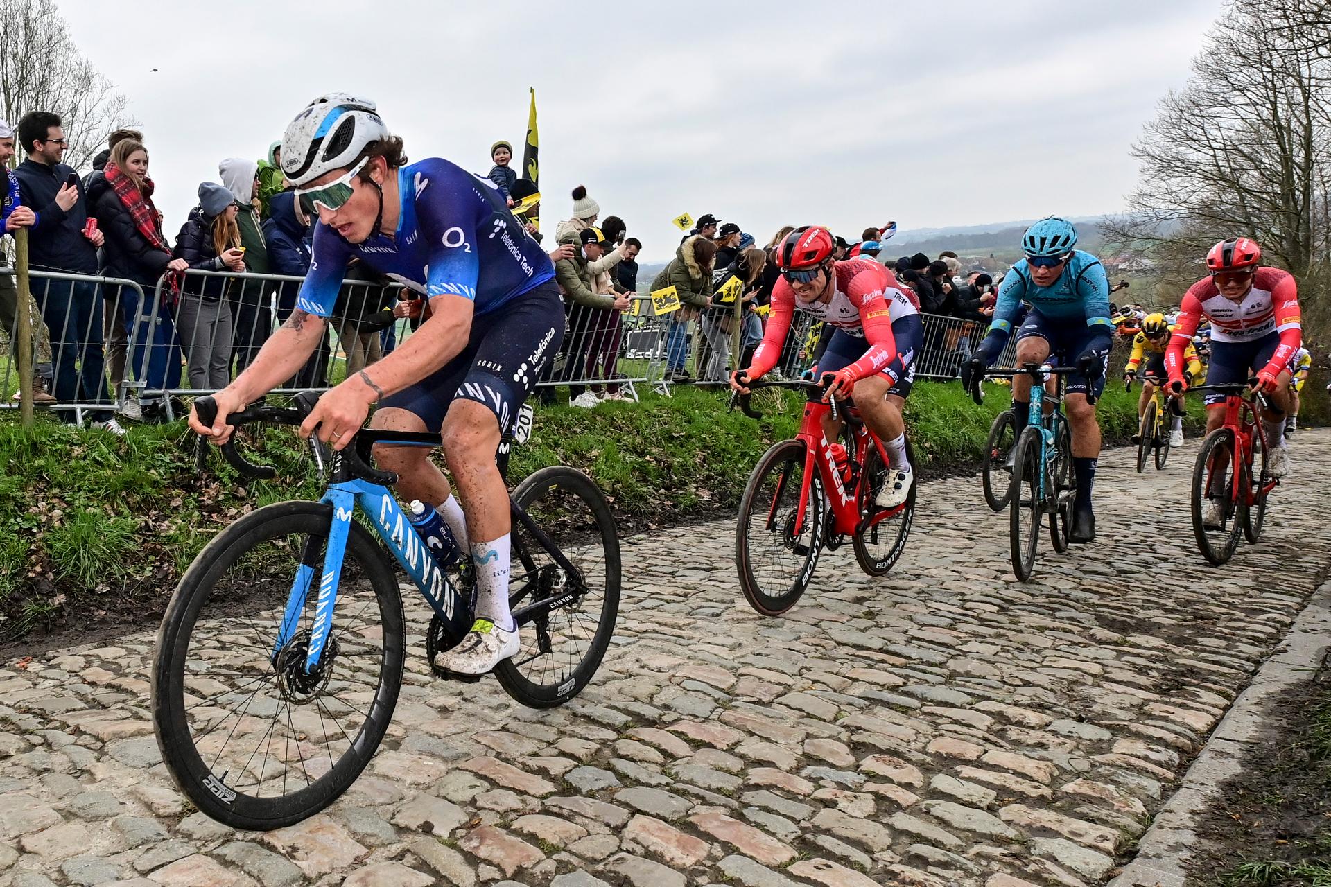 Spanish Ivan Garcia Cortina of Movistar Team and Belgian Edward Theuns of Trek-Segafredo pictured in action during the men's race of the 'Ronde van Vlaanderen/ Tour des Flandres/ Tour of Flanders' one day cycling event, 273,4km from Brugge to Oudenaarde, Sunday 02 April 2023. BELGA PHOTO DIRK WAEM