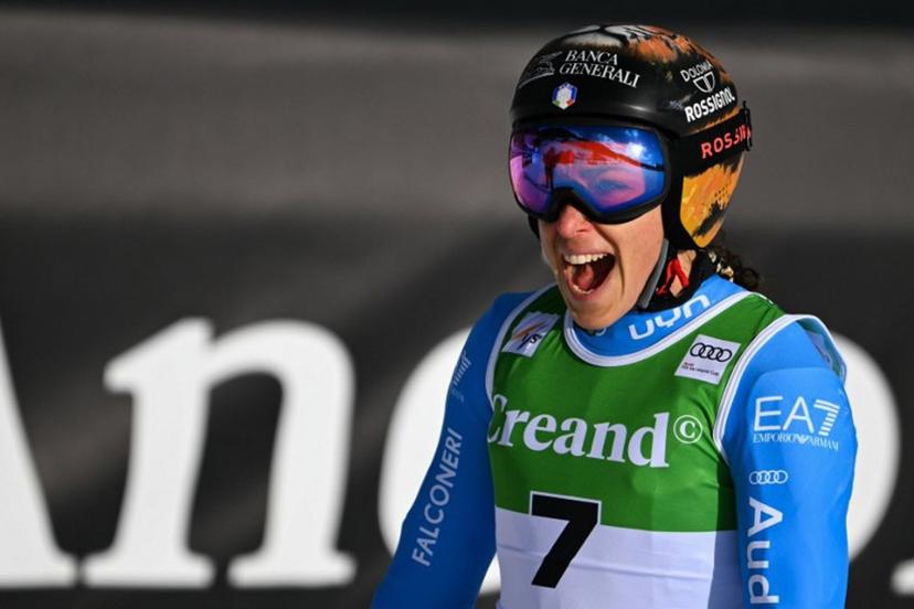 Italy's Federica Brignone reacts after crossing the finish line of the women's super G race, part of the FIS Alpine Ski World Cup 2025-2026 in Soldeu on March 1, 2026.  Lionel BONAVENTURE / AFP