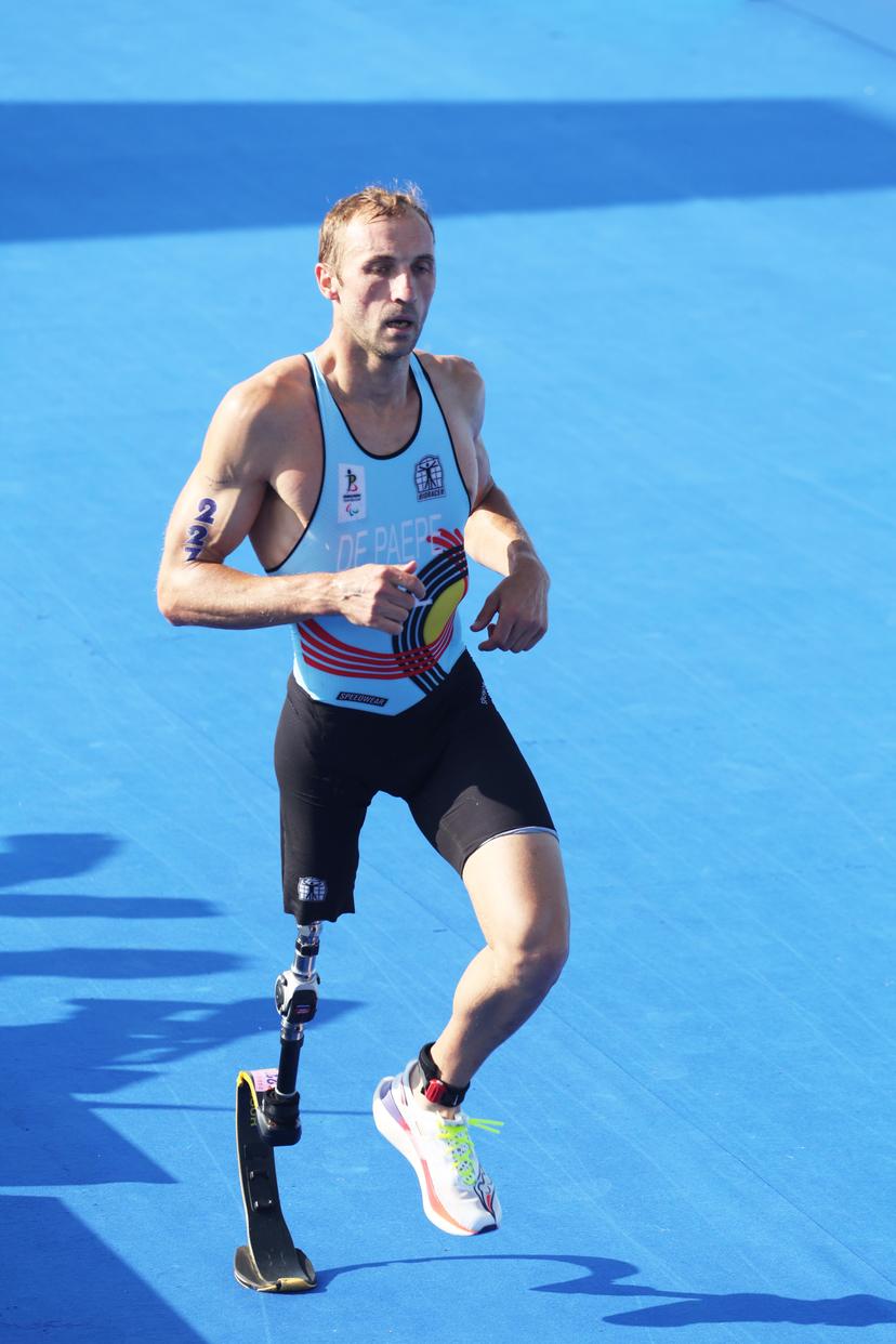 Belgian Wim De Paepe pictured in action during the running part of the Men Individual PTS2 triathlon event, on day 6 of the 2024 Summer Paralympic Games in Paris, France on Monday 02 September 2024. The 17th Paralympics are taking place from 28 August to 8 September 2024 in Paris. BELGA PHOTO VIRGINIE LEFOUR