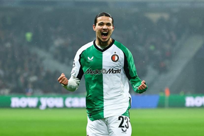 Feyenoord's Algerian midfielder #23 Anis Hadj Moussa celebrates his team's first goal during the UEFA Champions League, league phase - matchday 8 football match between Lille OSC (LOSC) and Feyenoord Rotterdam at the Stade Pierre-Mauroy in Villeneuve-d'Ascq in Northern France, on January 29, 2025.  Sameer Al-Doumy / AFP
