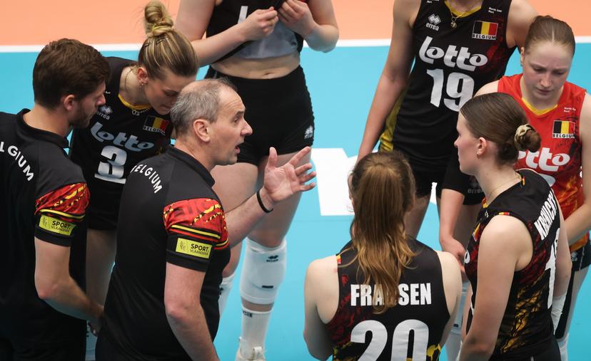 Belgium's head coach Kris Vansnick talks during a volleyball match between Belgium's national women's volleyball team, the Yellow Tigers, and the Estonian national women's volleyball team, in match 3/6 of the League Round of the European Golden League women, in Beveren, Friday 24 May 2024. BELGA PHOTO VIRGINIE LEFOUR