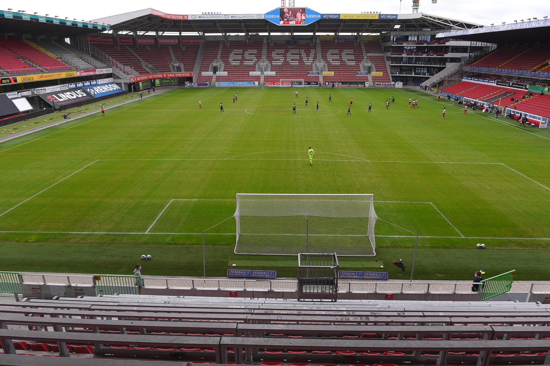 Illustration picture shows a soccer stadion without fans during a friendly game between Zulte Waregem and Cercle Brugge, Saturday 04 July 2020 in Waregem, in preparation of the upcoming 2020-2021 Jupiler Pro League season. BELGA PHOTO LUC CLAESSEN