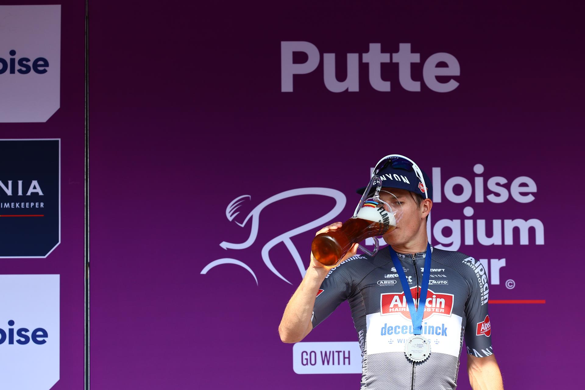 Belgian Jasper Philipsen of Alpecin-Deceuninck celebrates on the podium after winning the second stage of the Baloise Belgium Tour cycling race, 194,6 km from Beringen to Putte, Thursday 19 June 2025. The Baloise Belgium Tour takes place from 18 to 22 June. BELGA PHOTO DAVID PINTENS