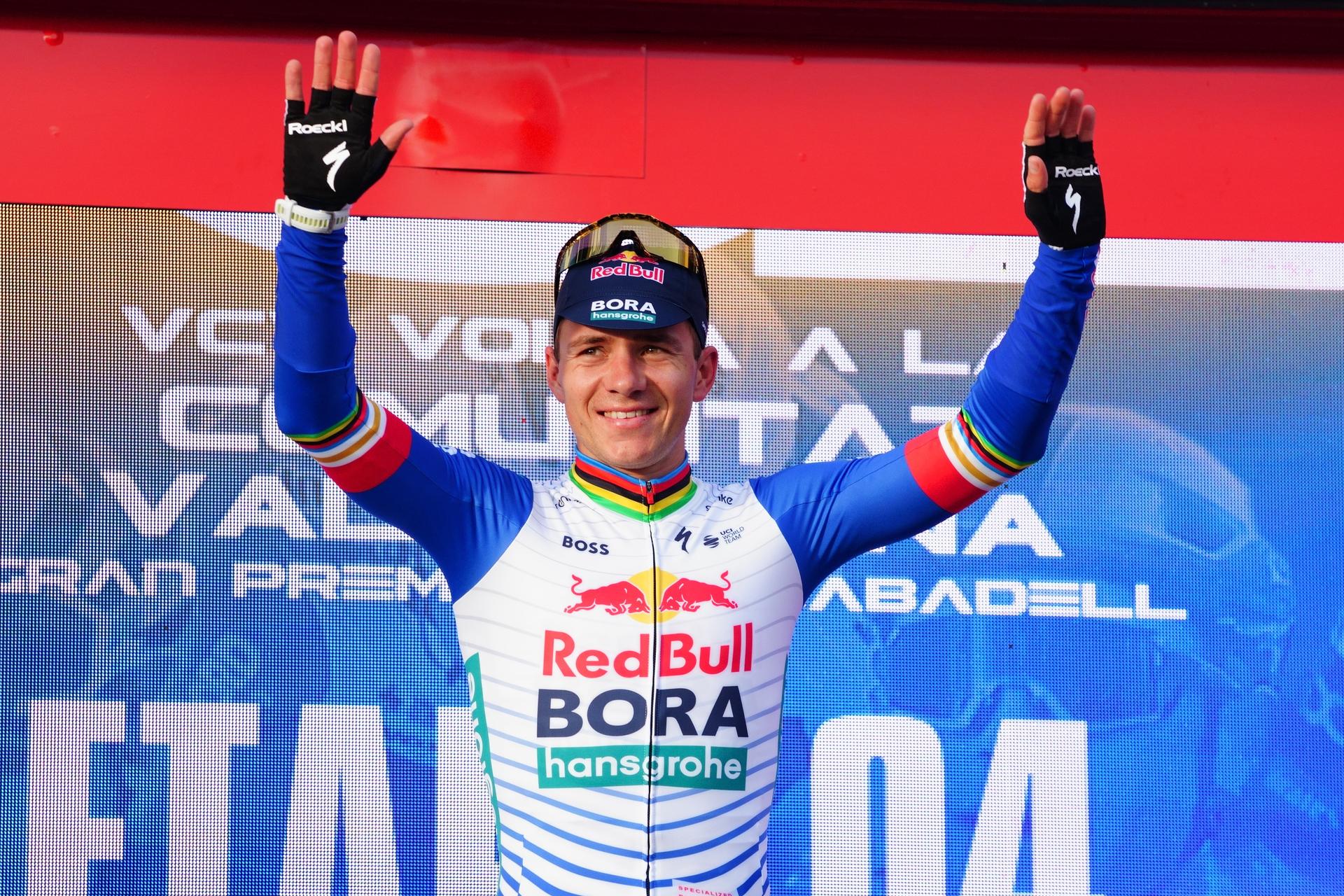 Belgian Remco Evenepoel of Red Bull-BORA-hansgrohe celebrates on the podium after winning stage 4 of the 2026 Volta Comunitat Valenciana, Tour of Valencia cycling race, a race from La Nucia to Teulada Moraira (172,2 km), on Saturday 07 February 2026 in Spain. The race takes place from 4 to 8 February and runs through the three provinces of the Valencian Community. BELGA PHOTO JOMA GARCIA
