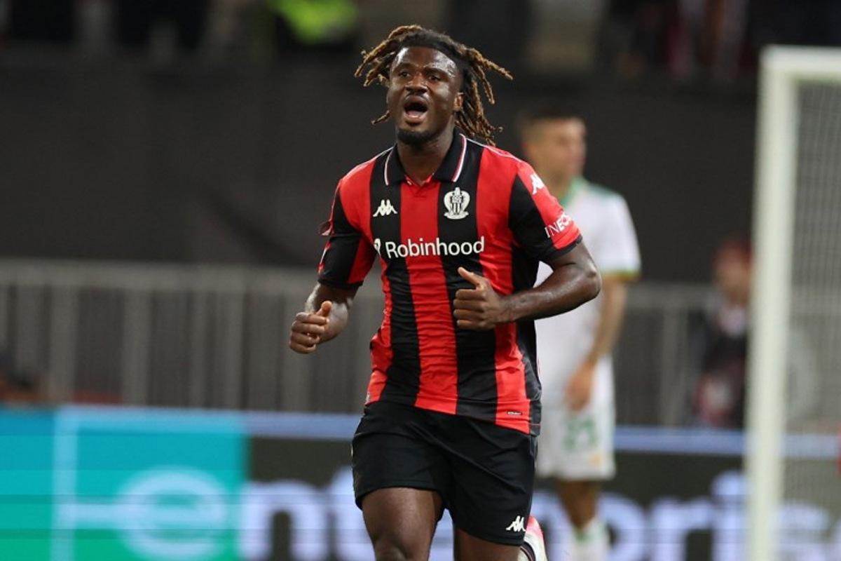 Nice's Nigerian forward #09 Terem Moffi celbrates after scoring a penalty during the UEFA Europa League 1st round day football match between OGC Nice and AS Rome at the Allianz Riviera Stadium in Nice, south-eastern France, on September 24, 2025.  Valery HACHE / AFP