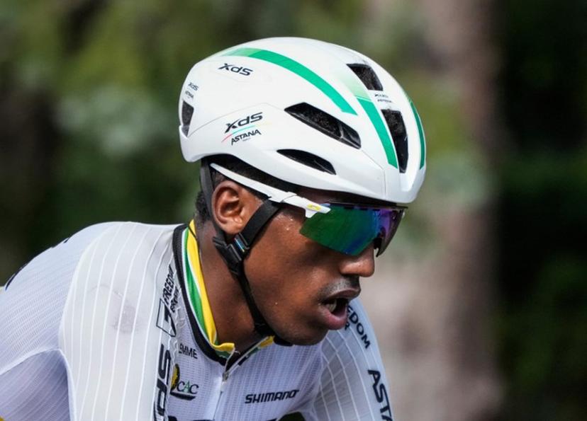 Eritrea's Biniam Girmay, of Team Intermarché-Wanty, cycles during the Grand Prix Cycliste de Montreal cycling road race in Montreal, Canada, on September 14, 2025.   MATHIEU BELANGER / AFP