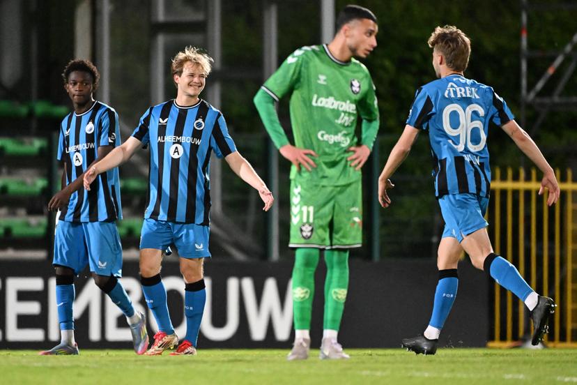 Club's Lenn De Smet celebrates during a soccer game between Club NXT and Royal Francs Borains, Friday 18 April 2025 in Roeselare, on the 30th and last day of the 2024-2025 'Challenger Pro League' 1B second division of the Belgian championship. BELGA PHOTO MAARTEN STRAETEMANS