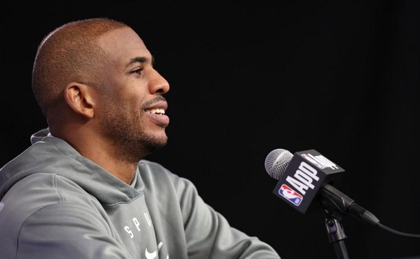 San Antonio Spurs' US guard #3 Chris Paul addresses a press conference after a training session at the Accor Arena - Palais Omnisports de Paris-Bercy - in Paris on January 22, 2025. San Antonio Spurs will face the Indiana Pacers on January 23 and 25 at Bercy, two NBA games relocated to Paris.  FRANCK FIFE / AFP