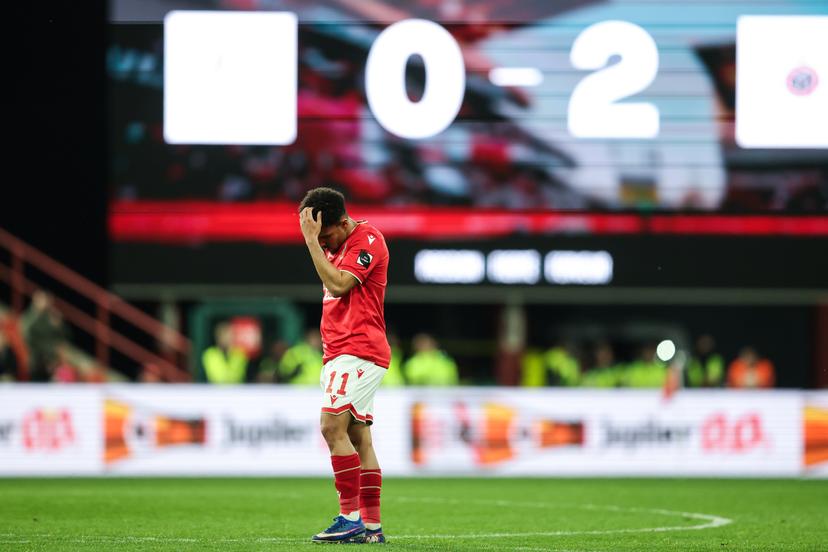 Standard's Adnane Abid looks dejected during a soccer match between Standard de Liege and Royal Antwerp FC, Tuesday 21 April 2026 in Liege, on the fourth day of the Europe Play-offs of the 2025-2026 'Jupiler Pro League' first division of the Belgian championship. BELGA PHOTO BRUNO FAHY
