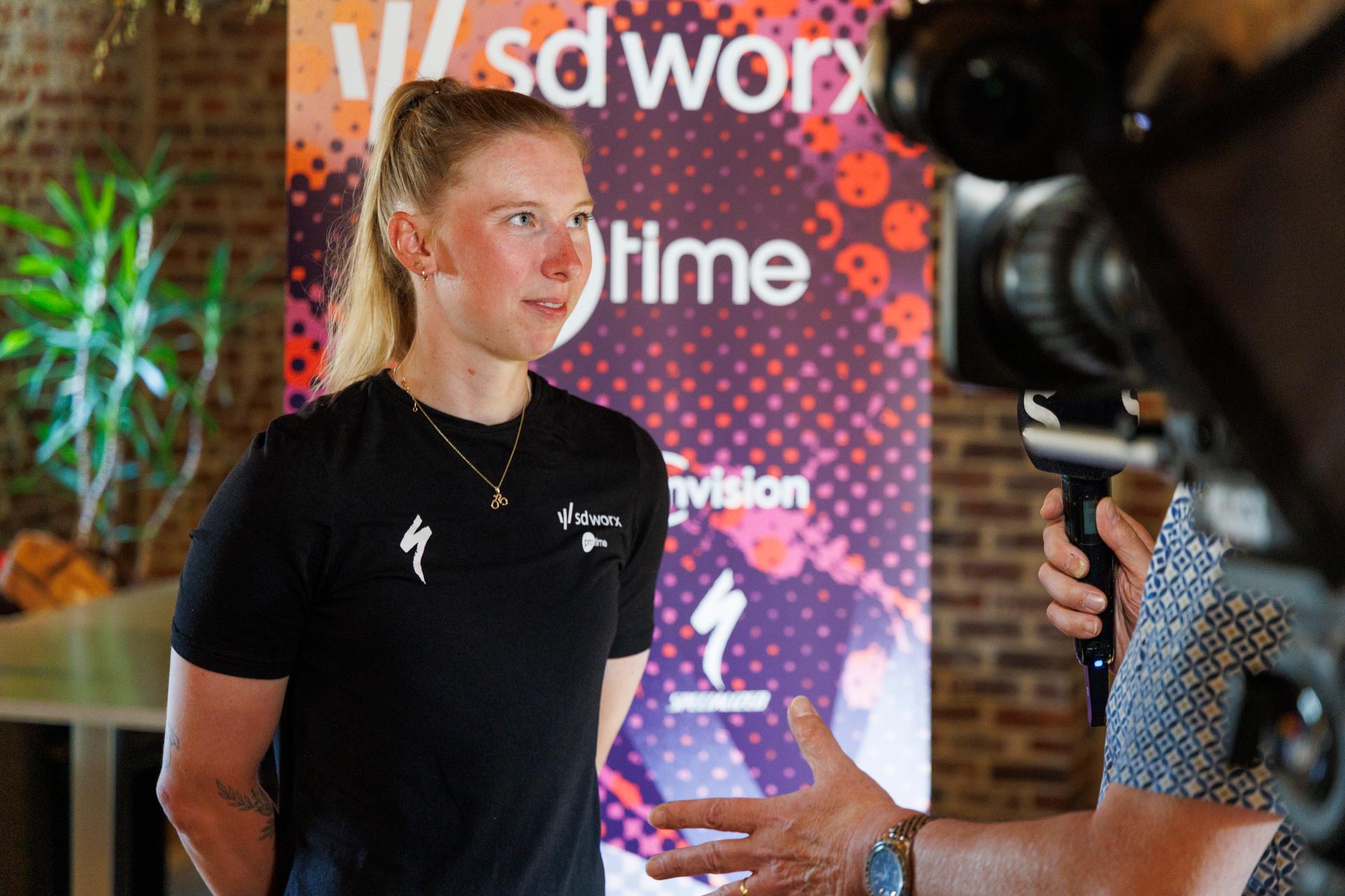Dutch Lorena Wiebes of SD Worx-Protime and pictured during a press conference of the SD Worx-Protime cycling team ahead of the Ronde van Vlaanderen / Tour des Flandres / Tour of Flanders cycling race, Thursday 03 April 2025 in Aalst. The 109th edition of the cycling race will take place on Sunday 06 April. BELGA PHOTO NICOLAS MAETERLINCK