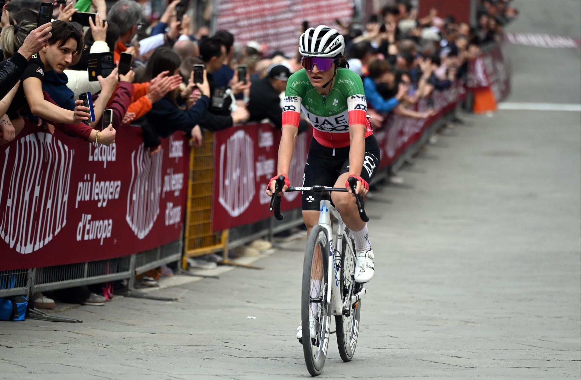 Italian Elisa Longo Borghini of UAE Team ADQ crosses the finish line at the women elite 'Strade Bianche' one day cycling race, 133km from and to Siena, Italy, on Saturday 07 March 2026. BELGA PHOTO ELIAS ROM