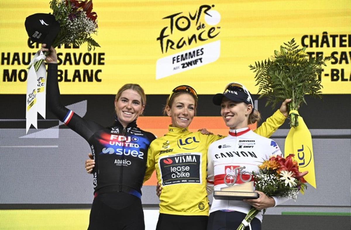 (From L) Second-placed FDJ-SUEZ team's Dutch rider Demi Vollering, overall winner Team Visma | Lease a Bike's French rider Pauline Ferrand-Prevot and third-placed Canyon//SRAM Racing team's Polish rider Katarzyna Niewiadoma celebrate on the podium after the 9th and last stage of the fourth edition of the Women's Tour de France cycling race at the end of the 9th and final stage (out of 9) 124.1 km from Praz-sur-Arly to Chatel, in Chatel, eastern France on August 3, 2025.  JULIEN DE ROSA / AFP