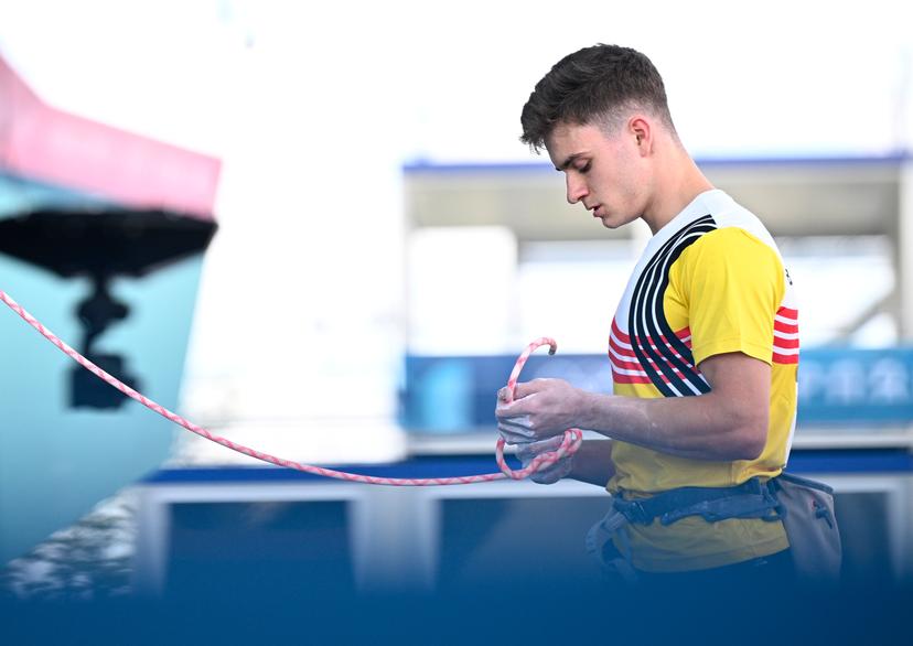 Belgian climber Hannes Van Duysen prepares to start his climb during the men's Lead semi-final of the sport climbing event at the Paris 2024 Olympic Games, on Wednesday 07 August 2024 in Paris, France. The Games of the XXXIII Olympiad are taking place in Paris from 26 July to 11 August. The Belgian delegation counts 165 athletes competing in 21 sports. BELGA PHOTO JASPER JACOBS