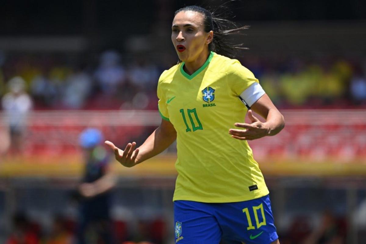 Brazil's Marta gestures during the women's friendly football match between Brazil and Japan at Morumbi stadium in Sao Paulo, Brazil, on December 3, 2023.  Nelson ALMEIDA / AFP
