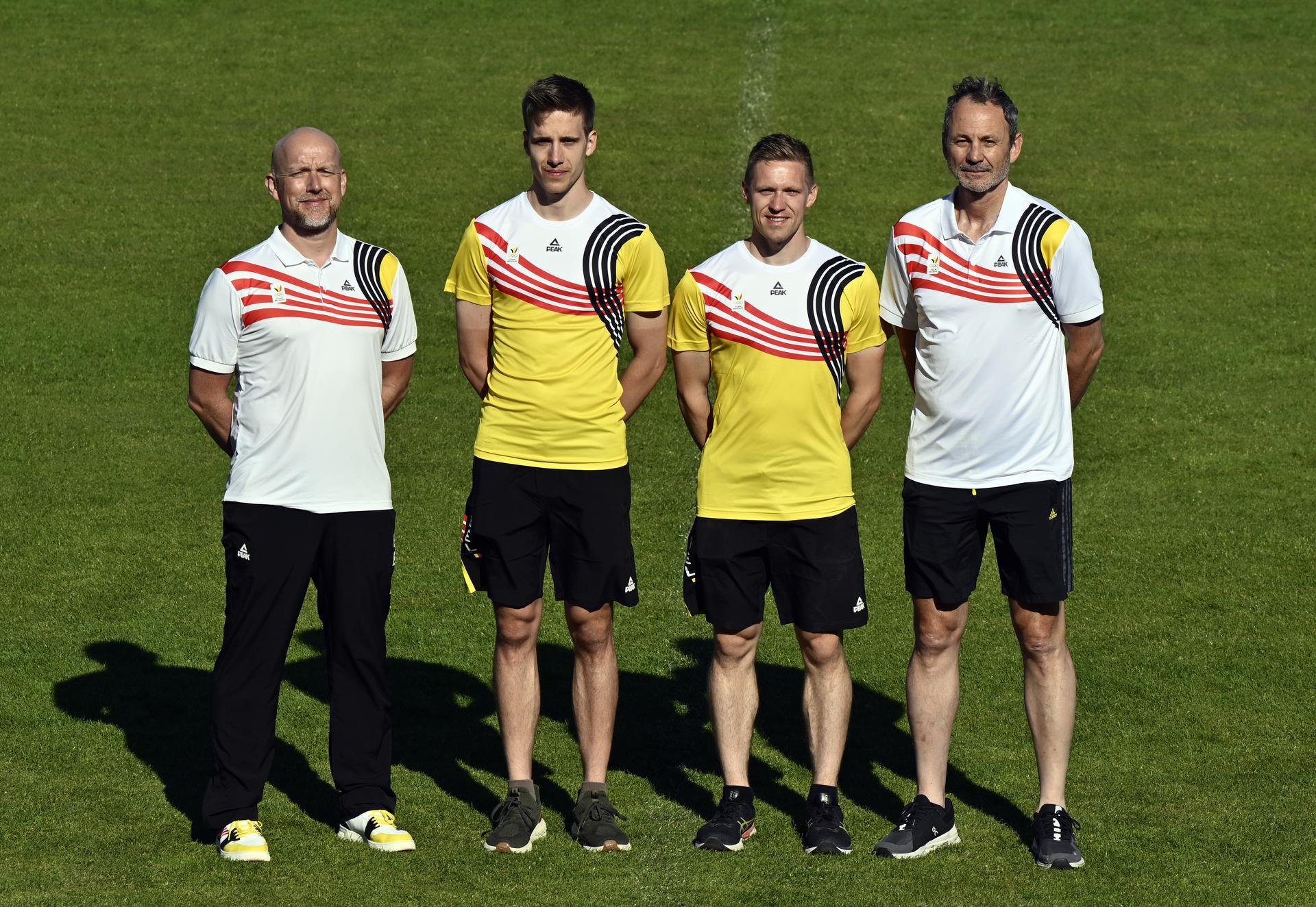 General Official Olav Spahl, Athlete Marek Mackels, Athlete Thierry Langer and Sports Official Philippe Heck pose for the photographer during the annual training camp of Team Belgium (19-25/05), in Rio Maior, Portugal, Saturday 24 May 2025. BELGA PHOTO ERIC LALMAND