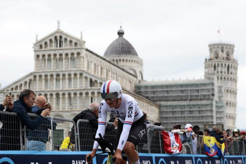 Ineos Grenadiers' British rider Joshua Tarling finishes the 10th stage of the 108th Giro d'Italia cycling race of 28.6kms individual time-trial from Lucca to Pisa on May 20, 2025.  Luca Bettini / AFP