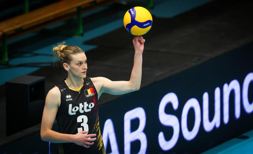 Belgium's Britt Herbots pictured in action during a volleyball match between Belgium's national women's volleyball team, the Yellow Tigers, and the Estonian national women's volleyball team, in match 3/6 of the League Round of the European Golden League women, in Beveren, Friday 24 May 2024. BELGA PHOTO VIRGINIE LEFOUR
