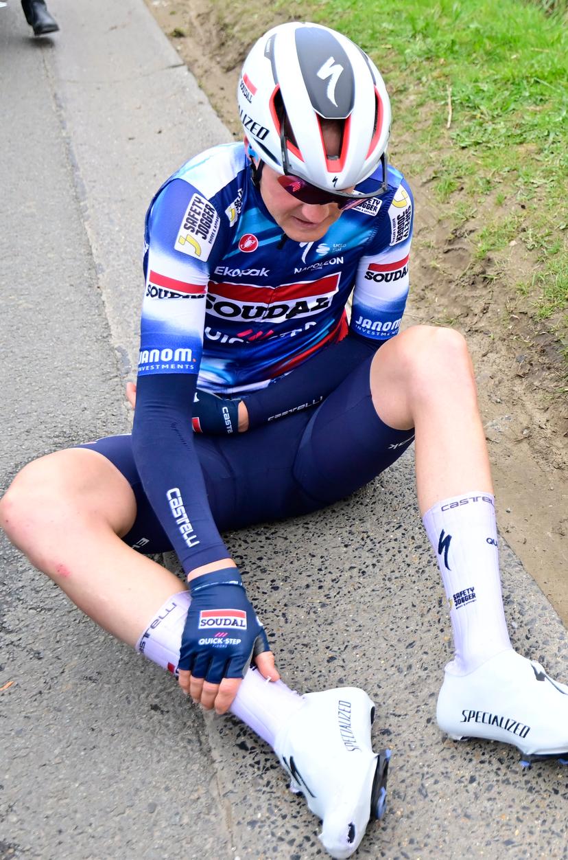 Belgian Dries Van Gestel of Soudal Quick-Step pictured after a fall during the 'E3 Saxo Bank Classic' one day cycling race, 208,8 km from and to Harelbeke, on Friday 28 March 2025. BELGA PHOTO DIRK WAEM