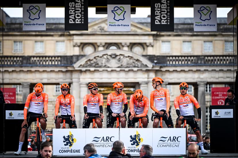 INEOS Grenadiers riders pictured at the start of the men's Paris-Roubaix cycling race, Sunday 12 April 2026, around Roubaix, France. The 123rd edition of Paris-Roubaix cycling races will take on Sunday, with the women riding 143,1 km the men riding 258,3 km on Sunday. BELGA PHOTO ELIAS ROM