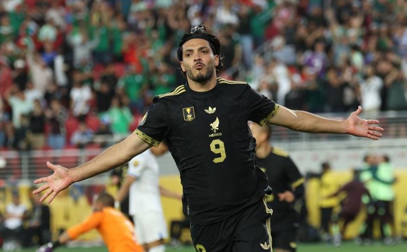 Mexico's forward #09 Raúl Jiménez celebrates scoring his team's first goal during the CONCACAF gold cup semi-final football match between Mexico and Honduras at Levi's Stadium in Santa Clara, California on July 2, 2025.  Patrick T. Fallon / AFP