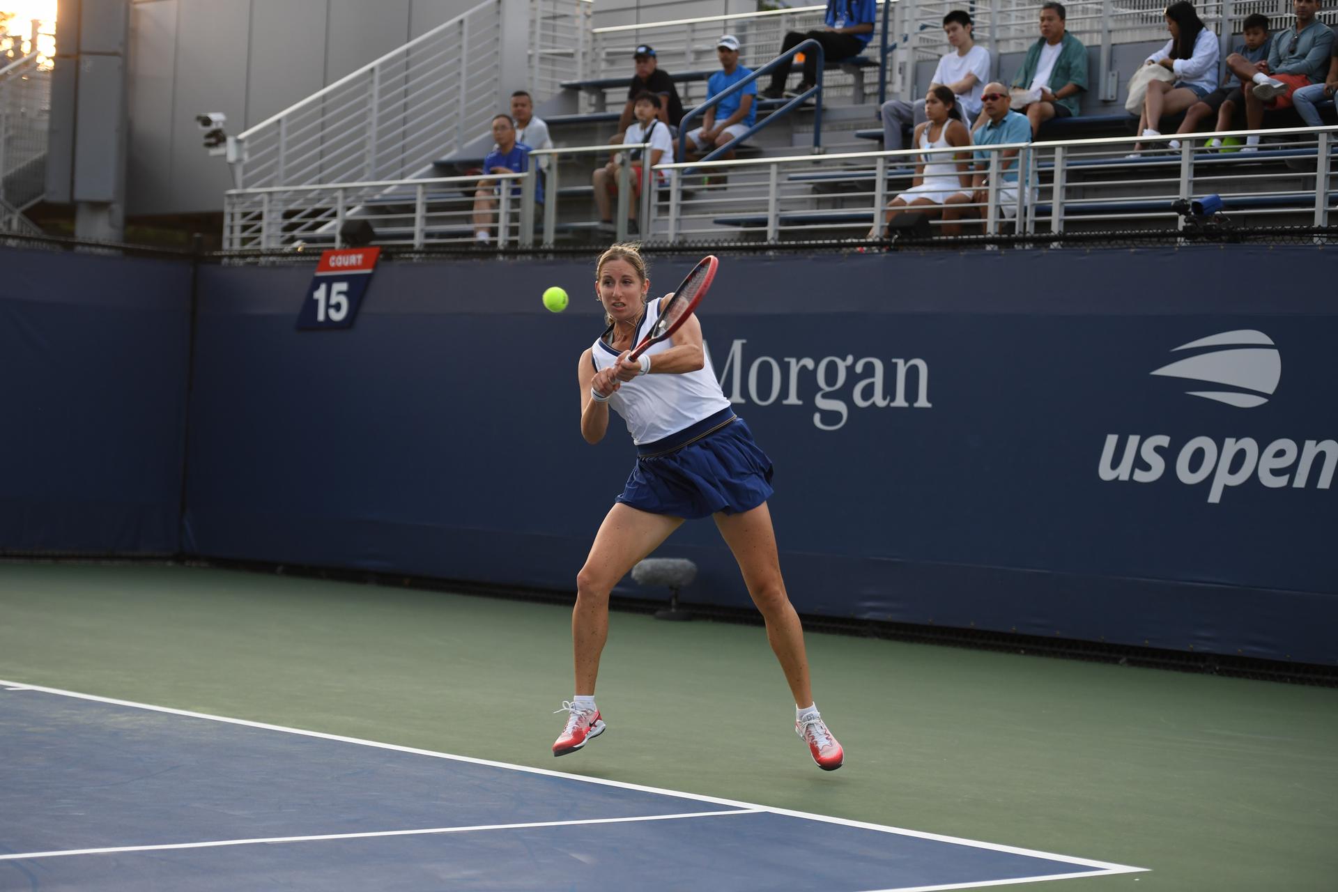 Magali Kempen pictured in action during a tennis match against Spanish Bolsova, in the Women's Qualifying Round at the 2023 US Open Grand Slam tennis tournament, at Flushing Meadow, New York City, USA, Tuesday 22 August 2023. BELGA PHOTO TONY BEHAR