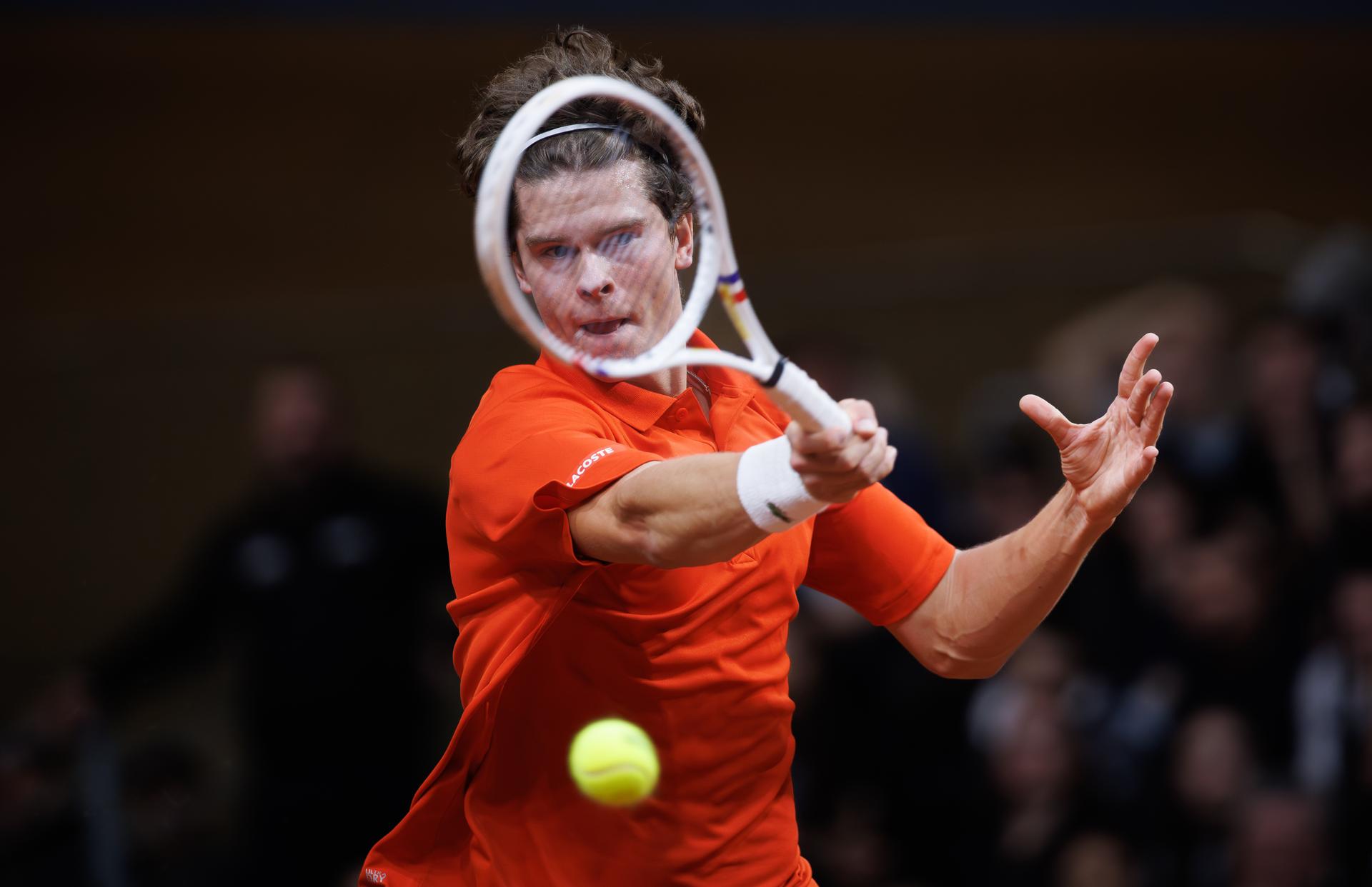 Belgian Alexander Blockx pictured in action during a tennis match against Bulgarian Radulov, during the qualifier of the Davis Cup on Saturday 07 February 2026, in Plovdiv, Bulgaria. Belgium will compete this weekend in the Davis Cup qualifiers against Bulgaria. BELGA PHOTO BENOIT DOPPAGNE