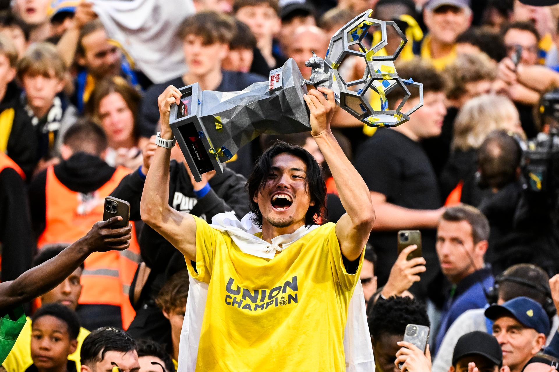 Union's Koki Machida pictured during the celebration of Royale Union Saint-Gilloise supporters and players, Sunday 25 May 2025 in Brussels, after winning the 2024-2025 'Jupiler Pro League' first division of the Belgian championship. Union defeated KAA Gent 3-1. BELGA PHOTO LAURIE DIEFFEMBACQ