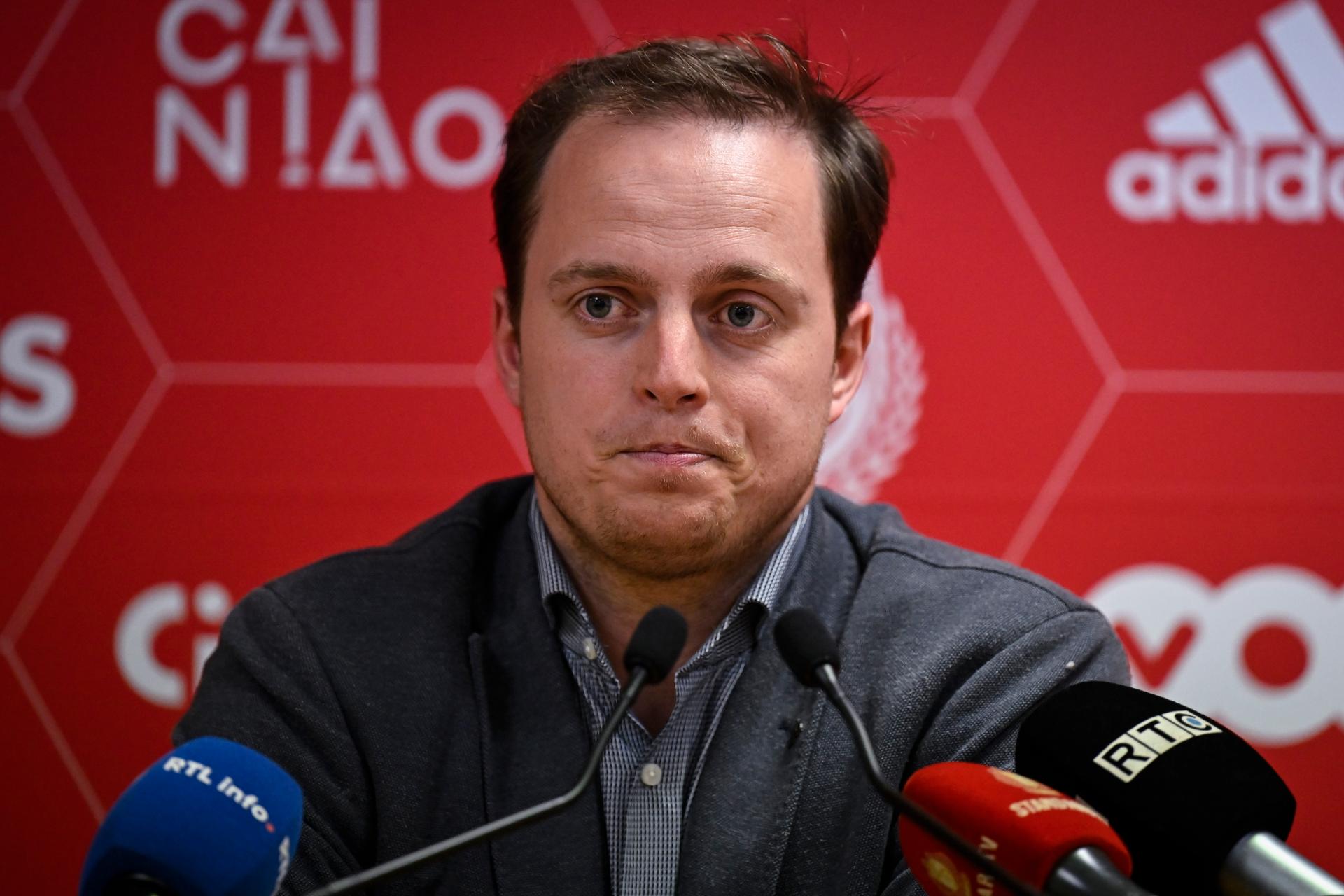 Standard's Academy director Pierre Locht pictured during a press conference of Belgian soccer team Standard de Liege, Thursday 25 May 2023 in Liege. On this day, heach coach Ronny Deila announced that he will leave the club immediately. Deila seigned a contract at Club Brugge, where he will work as head coach. BELGA PHOTO DIRK WAEM
