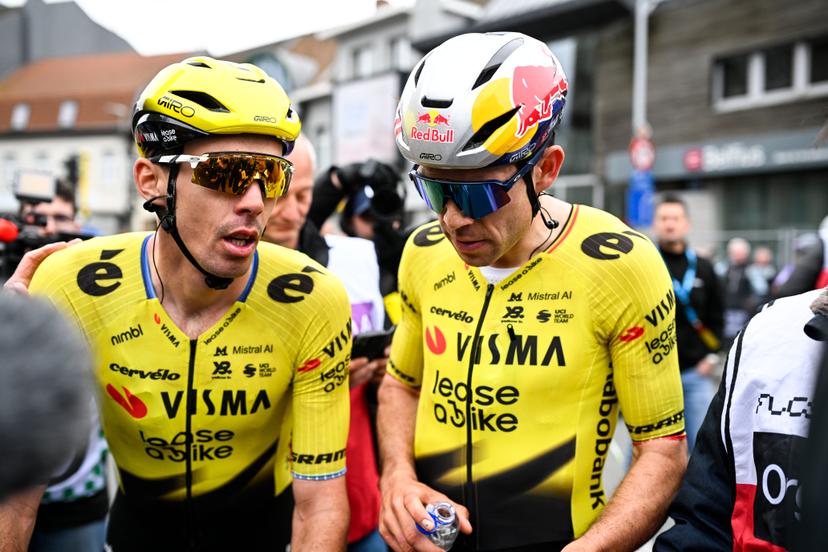 French Christophe Laporte of Team Visma-Lease a Bike and Belgian Wout van Aert of Team Visma-Lease a Bike pictured after the men elite 'Middelkerke-Wevelgem - In Flanders Fields' one day cycling race, 240.8 km from Middelkerke to Wevelgem, on Sunday 29 March 2026. BELGA PHOTO JASPER JACOBS