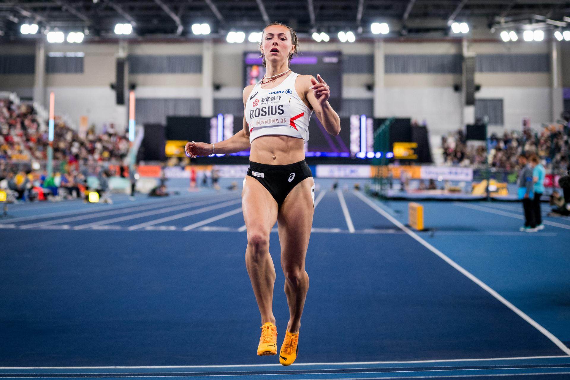 Belgian Rani Rosius pictured in action during the women's 60m sprint, at the World Athletics Indoor Championships, in Nanjing, China, Saturday 22 March 2025. The championships take place from 21 to 23 March. BELGA PHOTO JASPER JACOBS