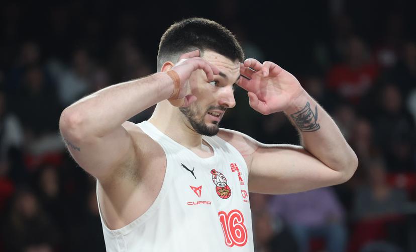 Spirou's Njegos Sikiras looks dejected during a basketball match between Spirou Charleroi and Limburg United, Wednesday 18 February 2026 in Charleroi, on day 20 of the 'BNXT League' Belgian and Dutch first division basket championships. BELGA PHOTO VIRGINIE LEFOUR
